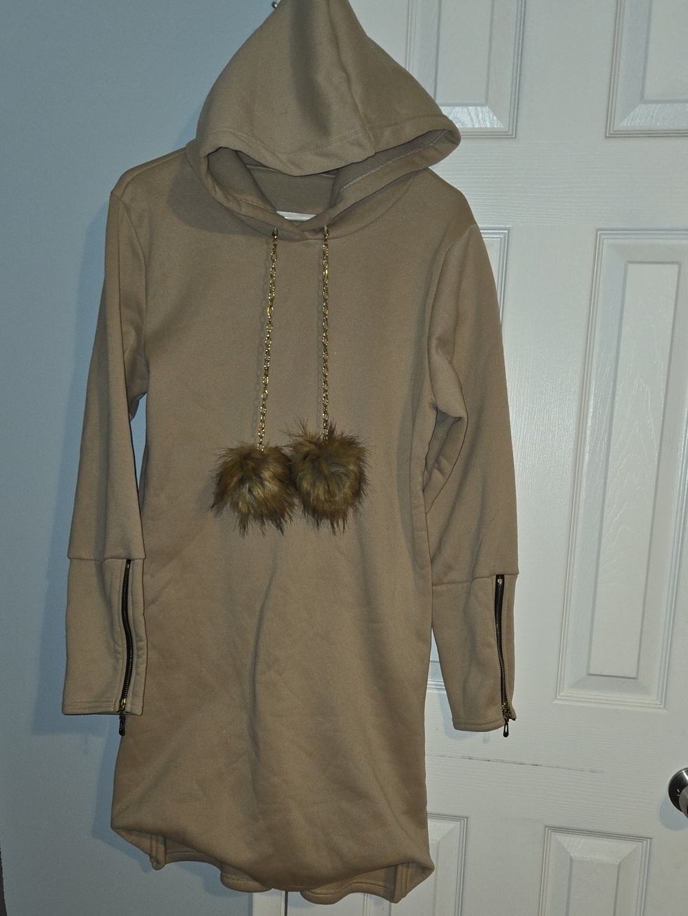 Taupe Hooded Long-Sleeve Dress with Faux-Fur Pom Poms